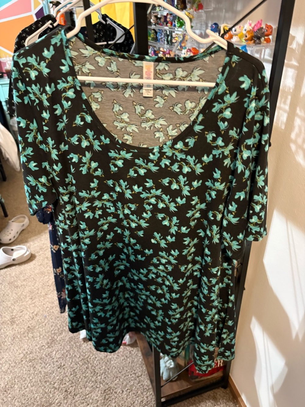 LuLaRoe Black Scoop Neck Top with Teal Floral Print